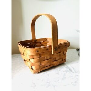LONGABERGER 1990 Square Basket Swivel Handle Woven Brown Cottagecore Farmhouse